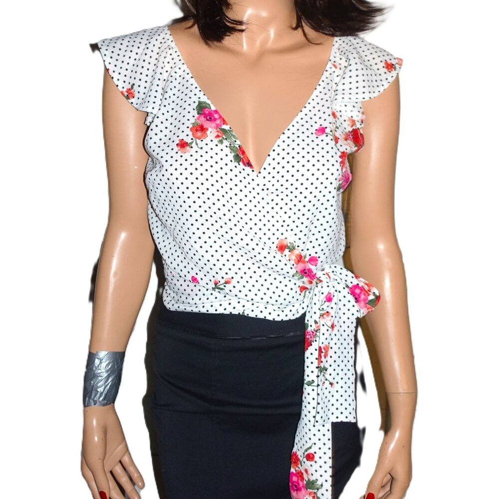 Joe & Elle Polka Dot Floral Wrap Blouse M